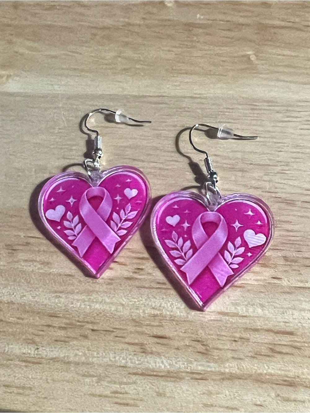 Pink Heart Ribbon Dangle Earrings - Breast Cancer Awareness E185